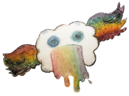 A cloud with rainbow wings and rainbows coming out of its mouth, drawn by a student